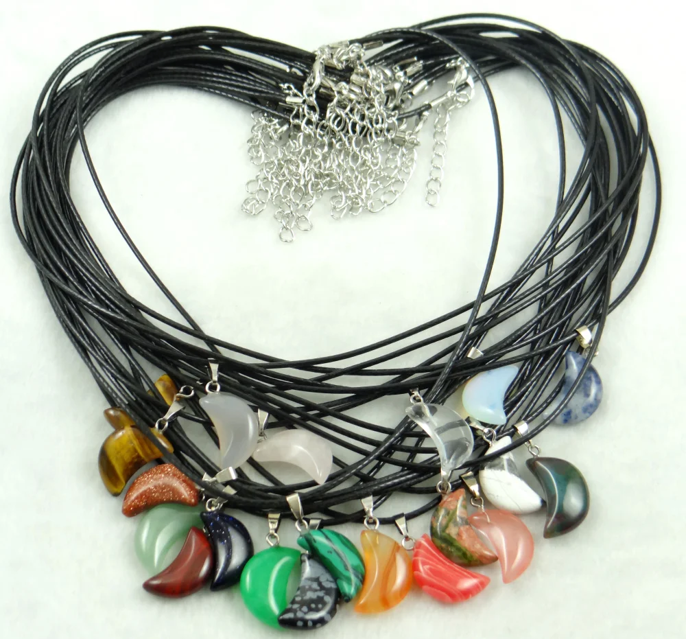 1pcs Moon Necklaces Natural Crystal Pendants Stone Pendant Leather Chains Necklace Women Fashion Jewelry
