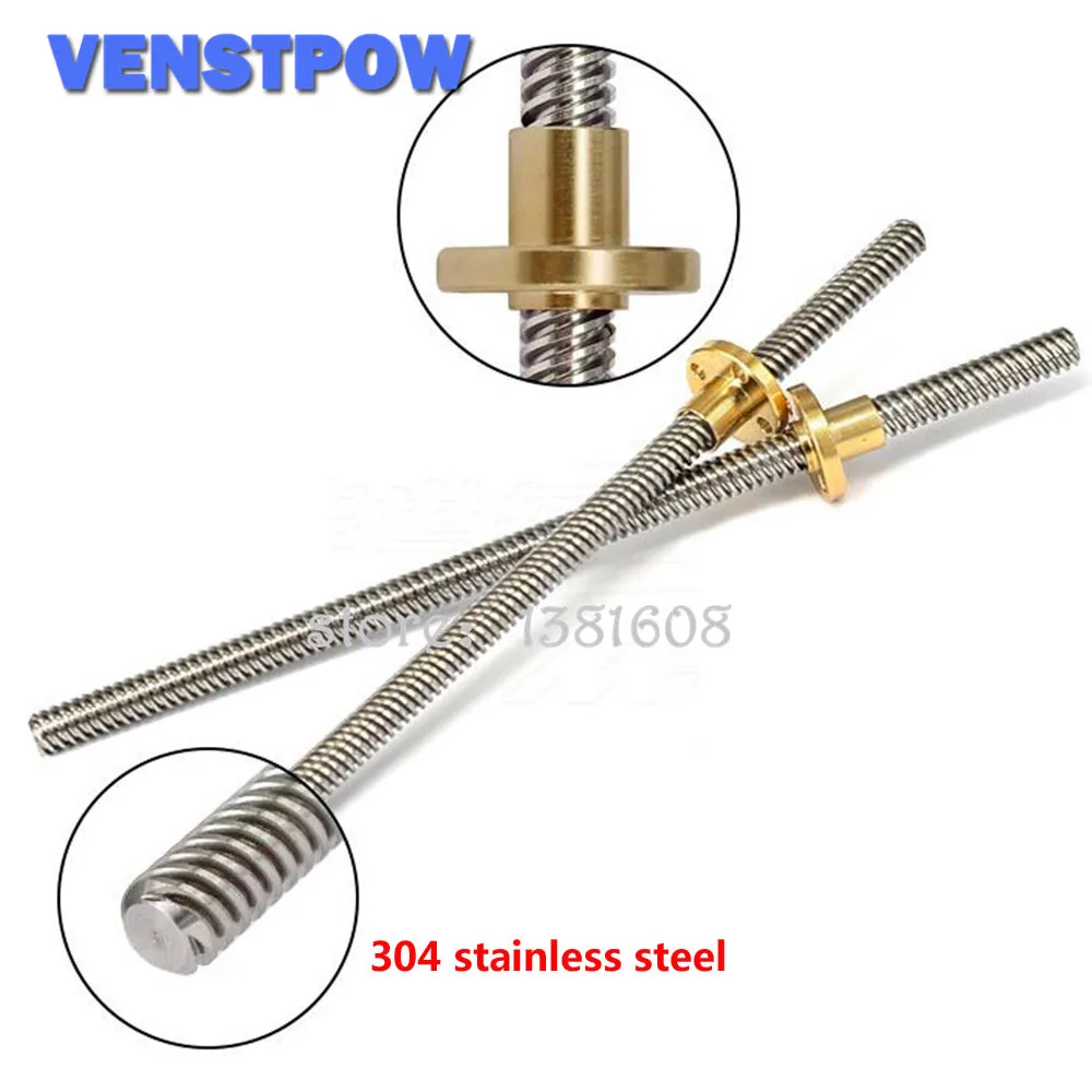 1PC Stainless Steel T8 Lead Screw Pitch 2MM Lead 4MM Length 100/200/300/400/500/600mm with Brass Copper Nut for 3D Printer