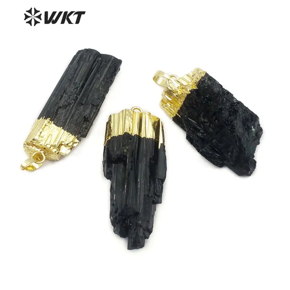 WT-P260 Natural Black Tourmaline Pendant Raw Black Tourmaline Stone With Gold Capped Pendant Women Necklace Pendant Jewelry