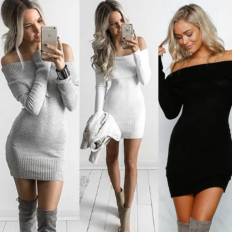 

Autumn and winter a word neckline sexy tight dress