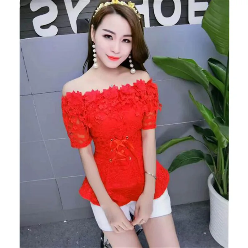 2018 Lente Vrouwen Zomer Shirt Zoete Tie Bloemen Kant Blouse Lady Korte Mouw Slash Hals Backles Blouses Korte Blusas Tops AB831