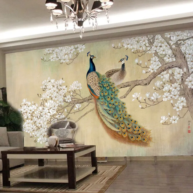 

beibehang photo modern art painting Chinese living room bedroom TV backdrop bird Peacock Magnolia large mural wallpaper