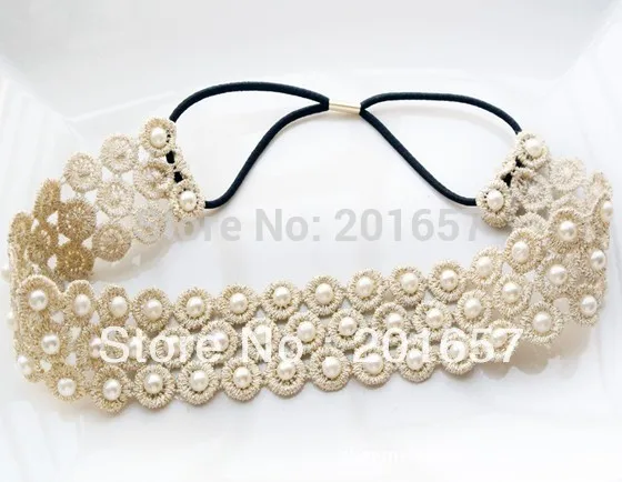 Romantic pearl 3cm Lace elastic headband for hair Wholesale fashion bohemian lace with pearl handmade elastic hairband headband