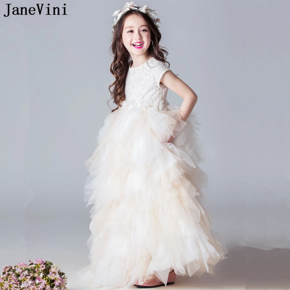 JaneVini-Vestidos adorables de tul para niñas, vestidos de flores champán para bodas, línea A, mangas cortas, vestidos de fiesta para desfile, primera comunión