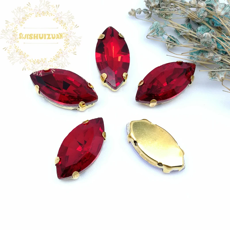 Glitter Red Horse Eye Shape Drill All Sizes Glass Crystal Sew On Rhinestones Gold Bottom Claw Diy shoes Accessories