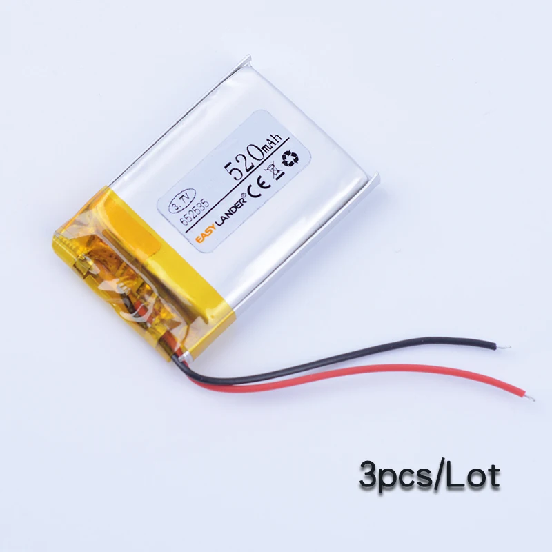 

3pcs/Lot 652535 3.7V 520mAh Lithium li Polymer Li-ion Rechargeable Battery For Bluetoos peaker toys mp3 mp4 GPS Driving Recorder