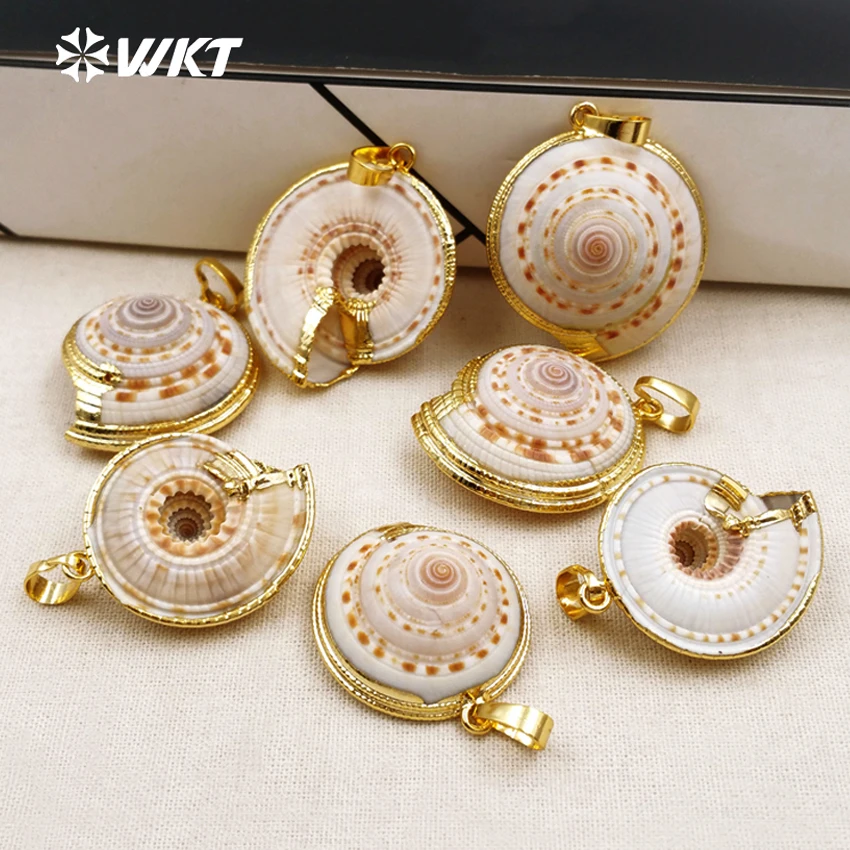 WT-JP007 New ! Classic Trumpet Shell Pendants 24K Metal Plated Trim On Edged Necklace Pendant Natural Shell Pendants