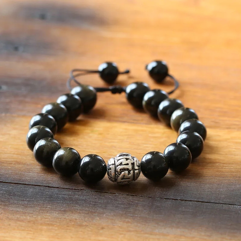 Golden Obsidian Beads Tibetan Silver OM Mantra Charm Buddhist Tibetan Anti Evil Size Adjustable Artisan Crafted Bracelet Men