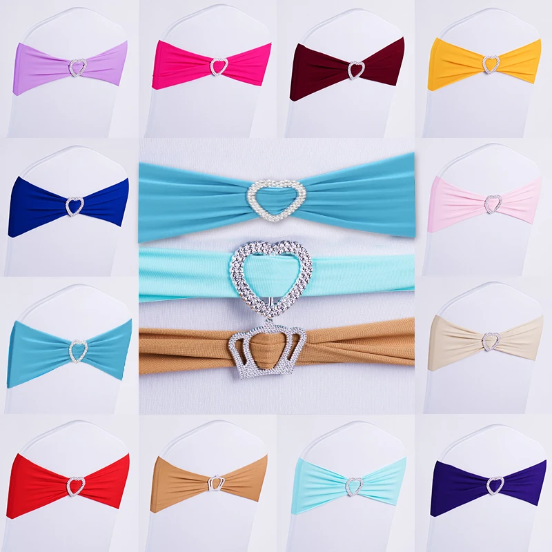 100PCS Elastic Spandex Chair Bow Sash Stretch Chair Sash Band With Heart Buckle For Banquet Hotel Wedding Chair Decoration