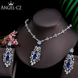 ANGELCZ Nigerian Wedding Jewelry Design Blue Cubic Zirconia Statement Pendant Necklace Earrings Noble Bridal Set For Women AJ064