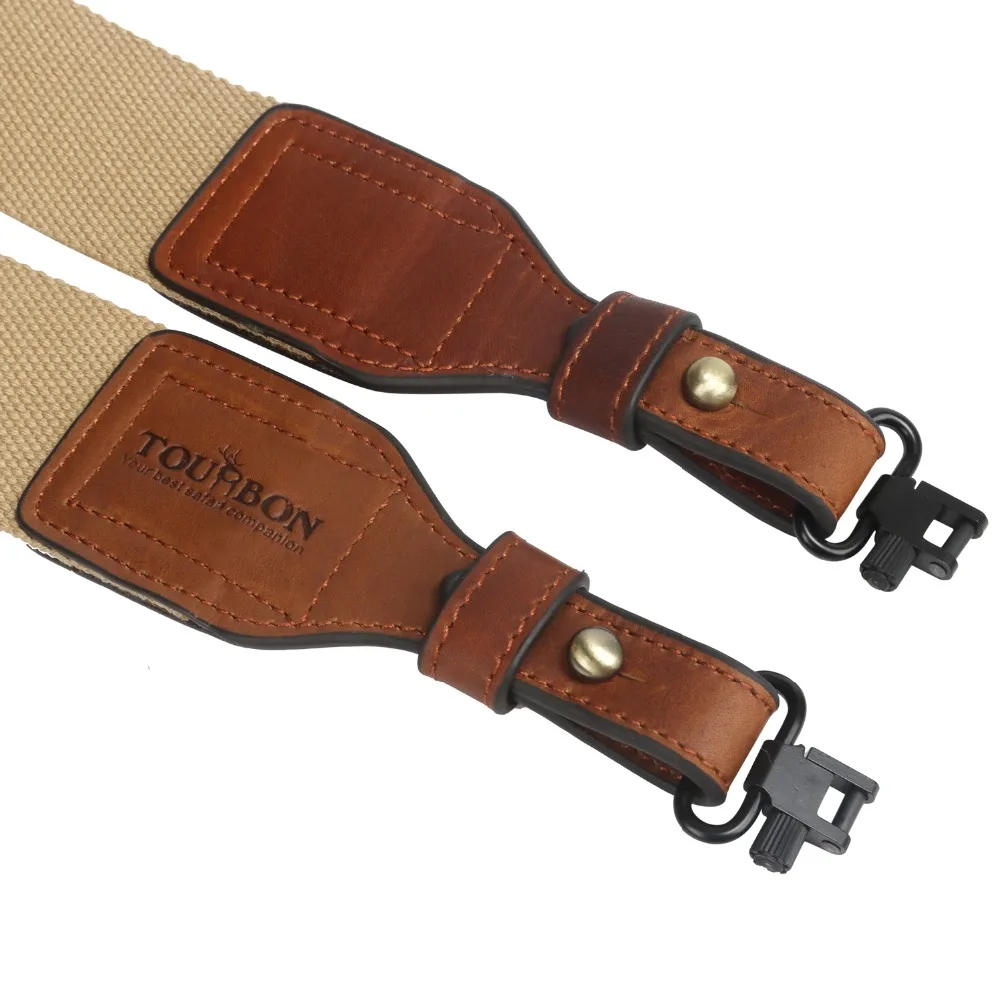 Tourbon Hunting Accessories Gun Sling Shoulder Strap Webbing & Leather Rifle Belt w/Swivels Brass Buckle(1 SET)
