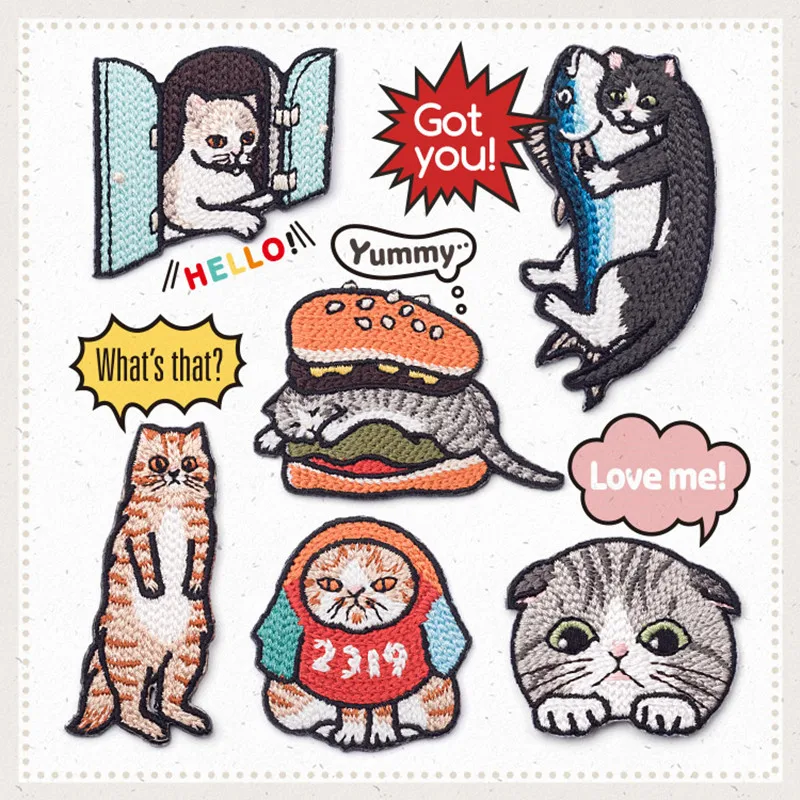 1 Piece Iron On Embroidery Patches Naughty Cat Cute Clothes Applique Patch DIY Clothing Glasses Cat Patch