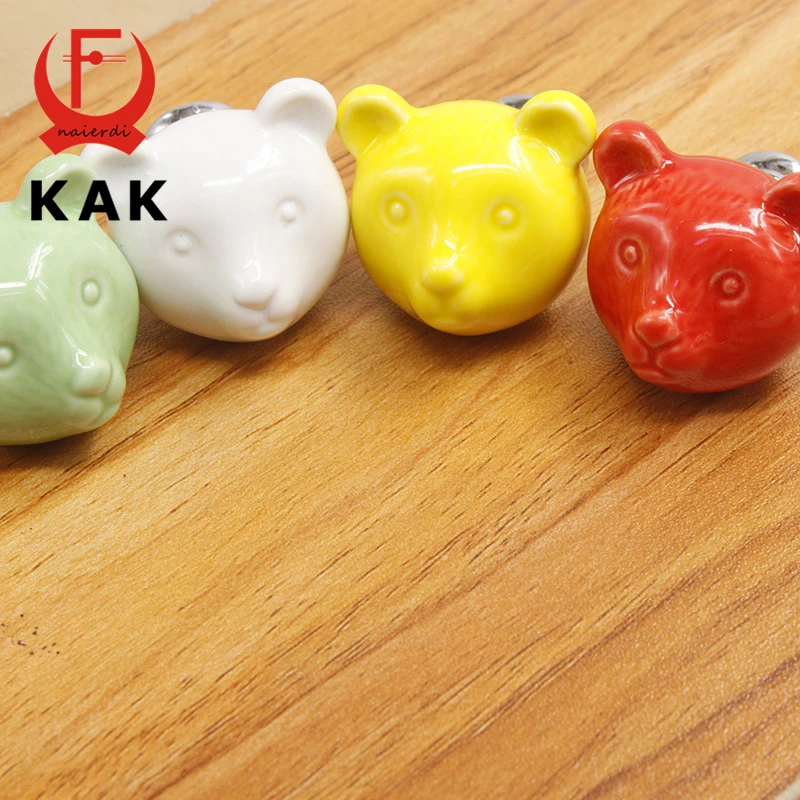 KAK Ceramic Bear Drawer Knobs 3D Cartoon Cabinet Cupboard handles Novelty Creative 7 color Fashion Furniture Handles Hardware