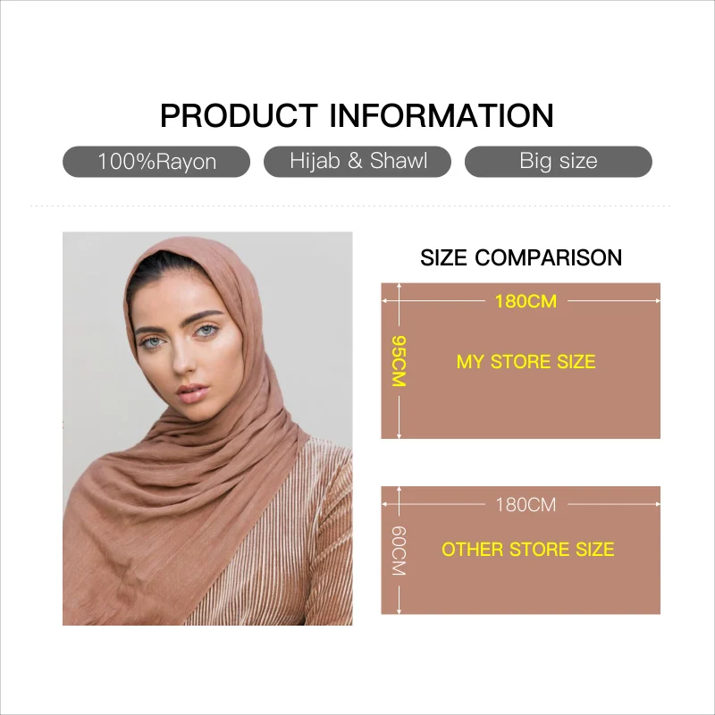 Women Muslim Crinkle Hijab Scarf Big Size Plain Shawls Femme Musulman Soft 100% Rayon Pleated Headscarf Islamic Hijab Headband