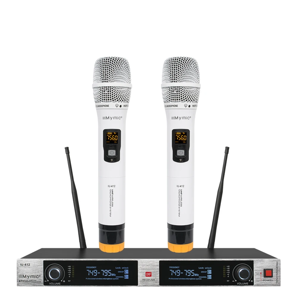 

IU-412 Professional 2 Channel UHF Wireless Microphone System Whole Metal Dynamic Handheld Mic for Party Karaoke Church Stage Bar