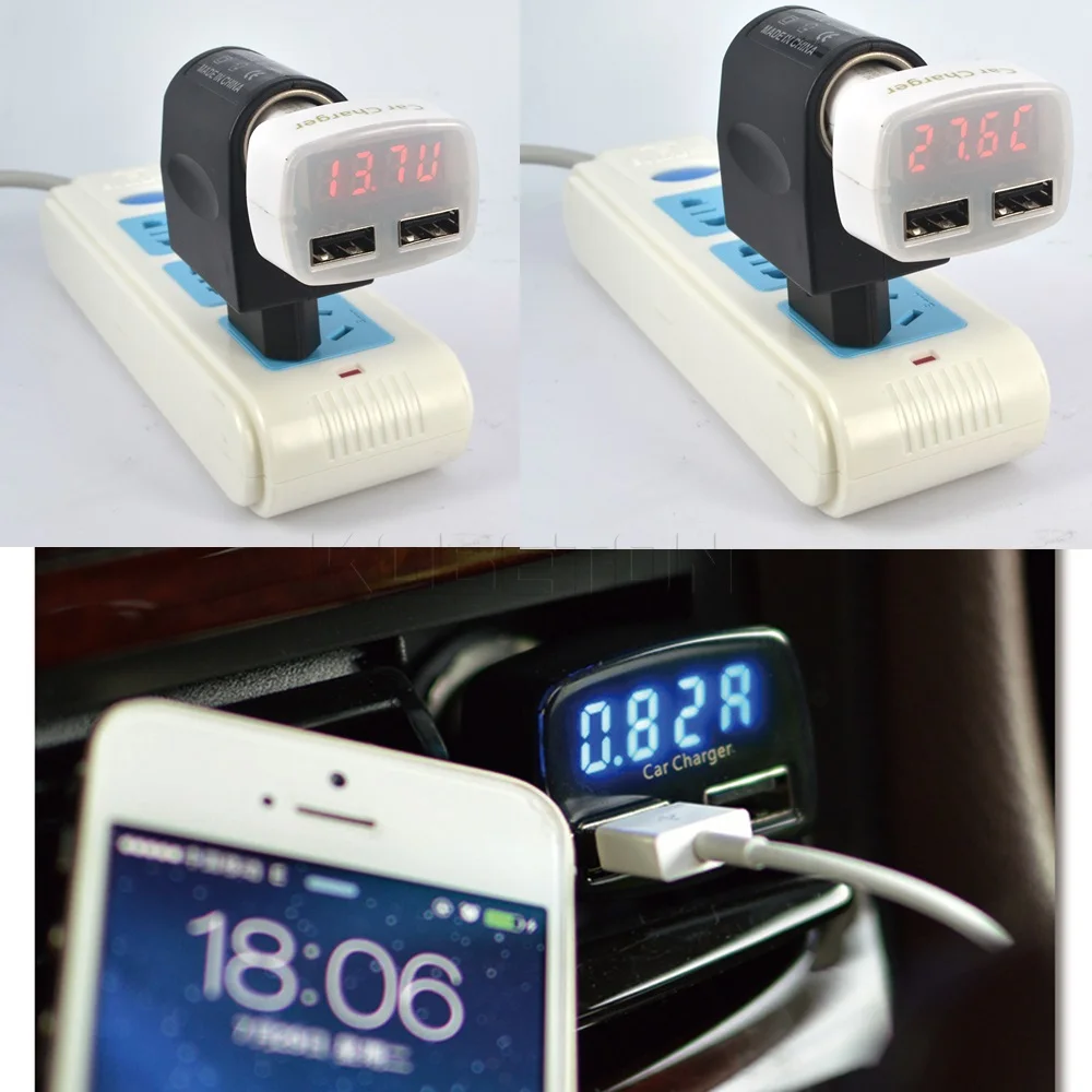 kebidu Multifunction DC 12-24V USB Car charger Dual Port 3.1A with Temperature/Voltage/Current with Blue/Red Light Display