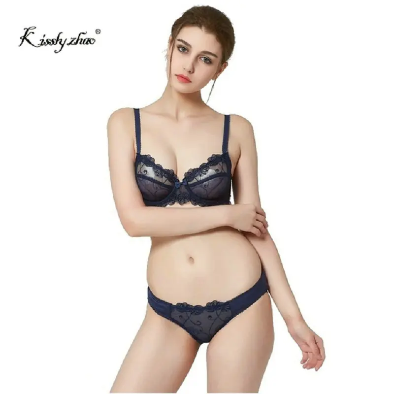 Bra & Brief Sets women sexy Underwear set push up thin female ultra-thin sexy lace bra transparent plus size