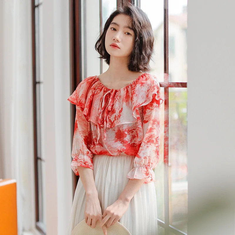 Musim Panas Chiffon Kemeja Chic Tanpa Tali Slash Kerah Mengacak-acak Percetakan Longgar Blus Wanita Temperamen Tiga Kuartal Lengan H9174