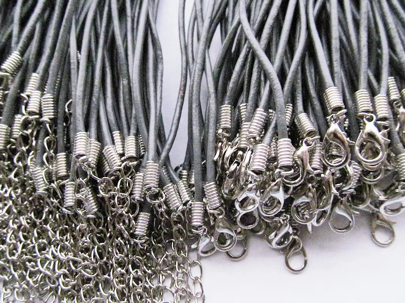 100pcs 2mm 16-18inches Adjustable Gray Genuine Leather Necklace Cord Rope String,1.8inch Extender Chain,12x7mm Lobster Clasp