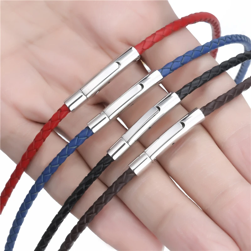 3mm Men Women Black/Red/Blue/Brown Braided Genuine Leather Necklace Cord Silver Stainless Steel Secure Clasp 40-75cm