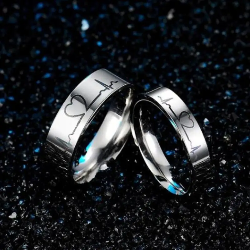 Heartbeat ECG Couple Ring Titanium Steel Engagement Ring He and her Commitment Love Token Best Gift