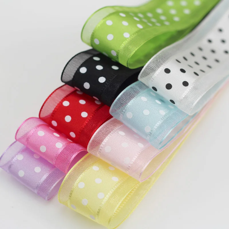 1\'\'25mm Bilateral Organza Printing Polka Dots Ribbon Handmade Hair Bow Party Christmas Wedding Decor DIY Sewing Fabric 1 Yard