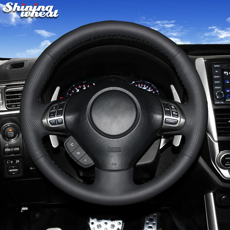 Shining wheat Black Genuine Leather Steering Wheel Cover for Subaru Forester 2008-2012 Impreza 2008-2011 Legacy 2008-2010 Exiga