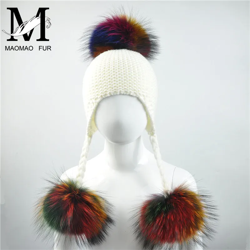 Jxwatcher Baby Knitted Winter Hats Child Real Raccoon Fur Pompom Cap Kids Warm Beanies Girls Boys Ears Fur Hat