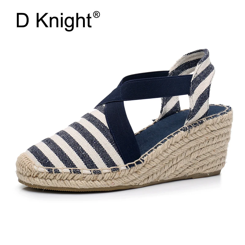 Summer Striped Platform Sandals Wedges Shoes For Women Hemp Rope Bottom Women\'s Espadrilles High Heels Slip On Canvas Fisherman