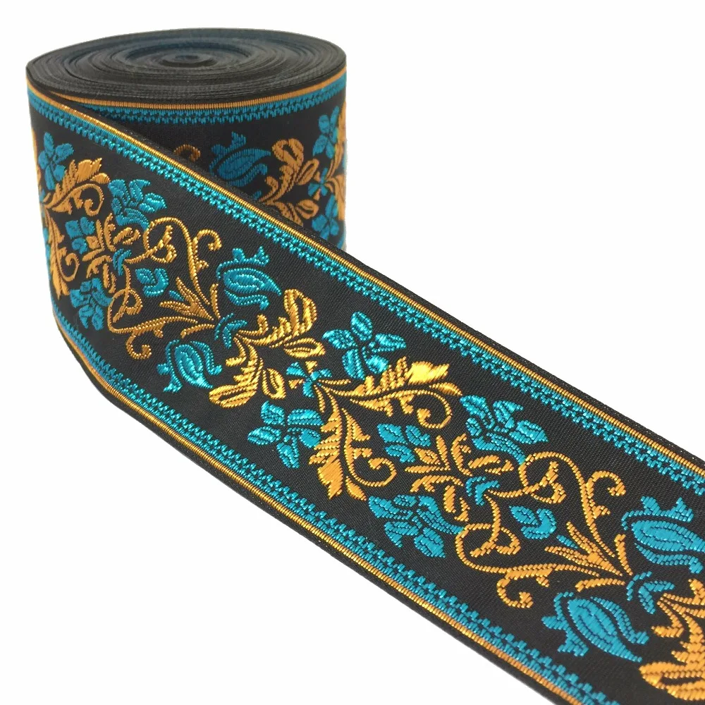 

ZERZEEMOOY 2" 5cm 10yard/lot High quality Woven Jacquard Ribbon black background blue and yellow flowers pattern MZZD17032801