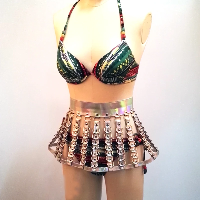 

100% Handmade Holographic PU Leather Skirt Rainbow Laser Skirted Belt Dress Girls Halter Bra Set