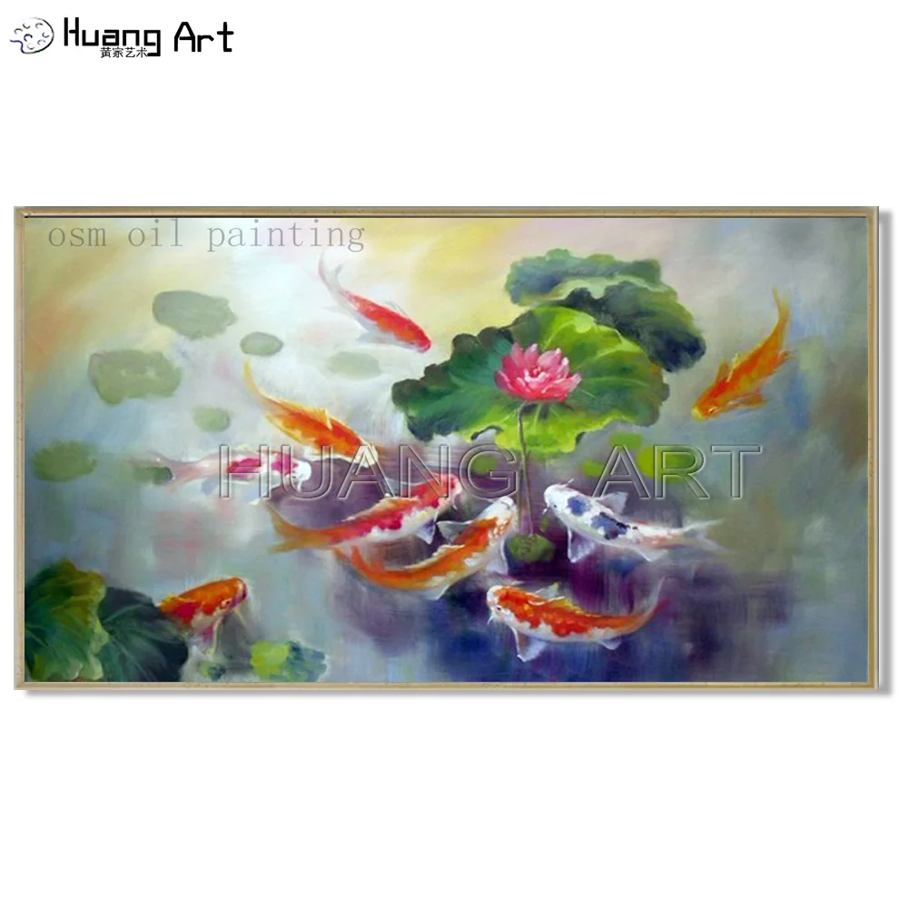 

Handmade Modern Landscape Fish in the Flower River Swim Landscape Painting Impression Nine Fish Oil Painting on Canvas Wall Art