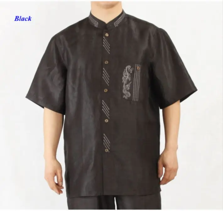 New arrival pure silk male short-sleeve embroidery shirt,100% gambiered Guangzhou silk standing collar pocket shirts