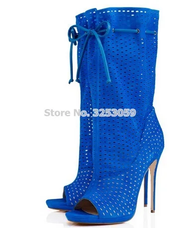 ALMUDENA Women Blue White Stiletto Heels Mid-calf Boots Open Toe Hollow Out Lace-up Dress Boots Small Hole Decorated Ruffle Shoe