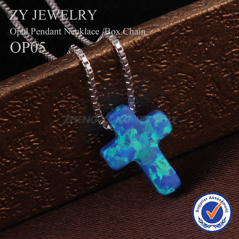 

Blue Cross Box Chain OP05 Opal Pendant 925 Sterling Silver Necklace