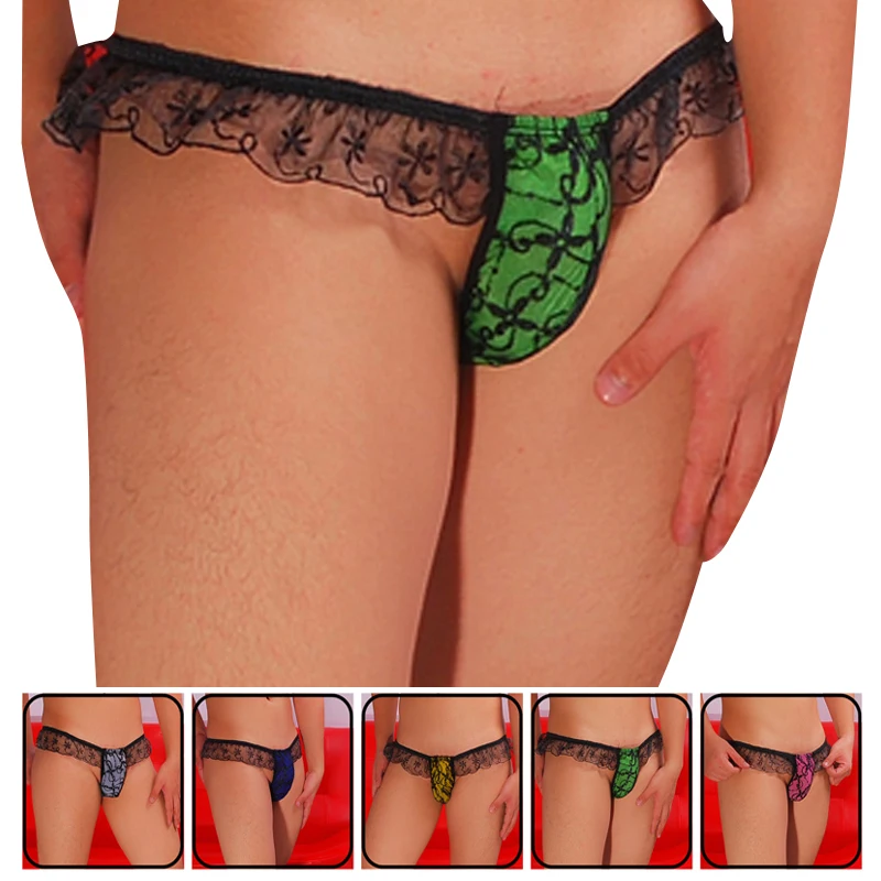 2019 hot Sexy Gay G-string Men\'s Thongs Sissy Hot Lingerie Low Rise Ruffle Lace Bulge Pouch Bikini G-string jockstraps