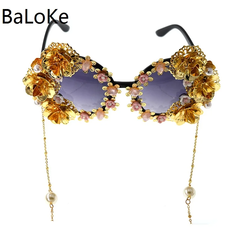 Super Baroque Retro Sunglasses Women Metal Flowers Vintage Eyewear Brand Design Sun Glasses Outdoor Casual Accessories