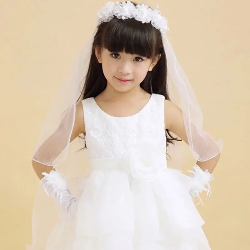 Children Little Princess Hairband Double Layers Tulle Bridal Veils Flowers Garland Ruffles Floral Lace Wedding Party Wreath