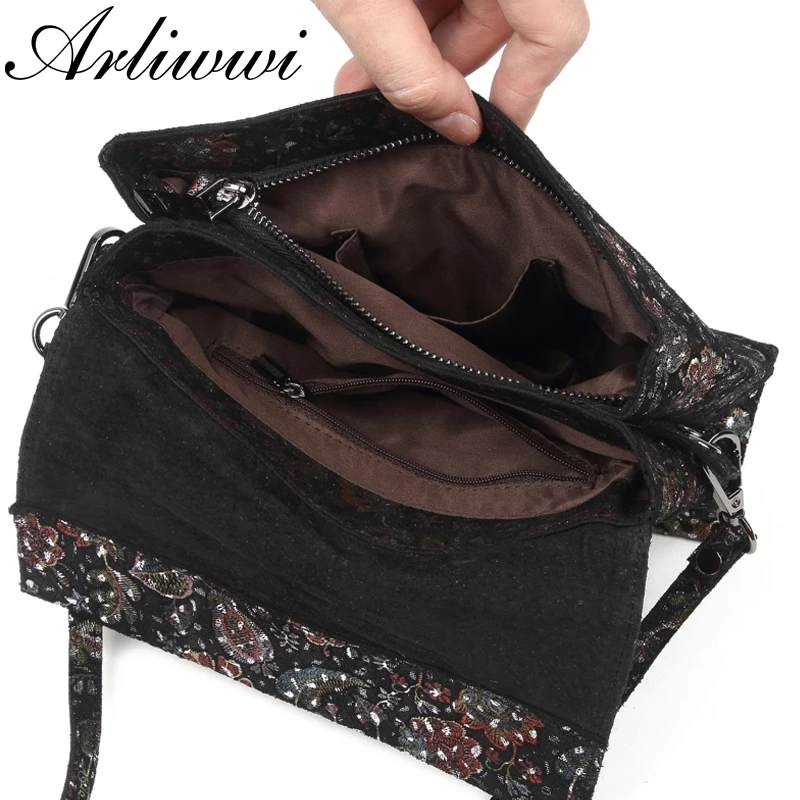 Arliwwi Designer New Luxury Soft Real Genuine Leather Lady Crossbody Messenger Elegant Gift Shiny Floral Handbag Bags GY07