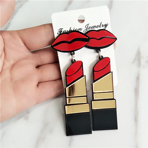 FishSheep New Fashion Acrylic Red Mouth Lips Lipstick Drop Earrings For Women Hip-Hop Geometric Long Earring Nightclub Jewelry