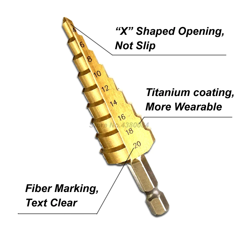 1Pc 4-20MM Titanium Coating HSS Step Drill Bit 1/4'' Hex Shank Cone Grooved Hole Cutter DIY Punching Power Tools