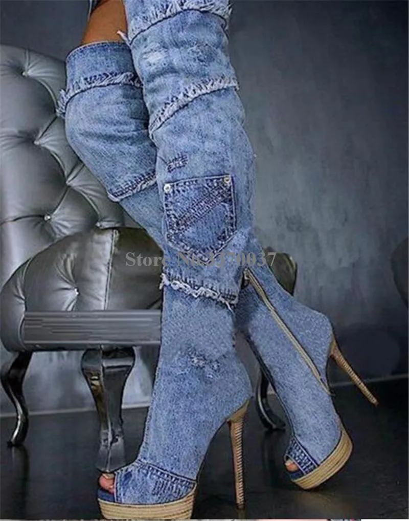 Women Sexy Fashion Peep Toe Blue Denim Wedge Platform Gladiator Boots Cut-out Mesh Lace Long Super High Heel Boots Dress Shoes