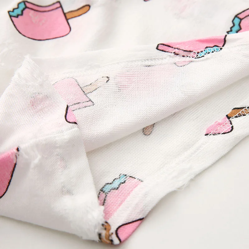 2024 Summer Cotton 2 3 4 6 8 10 Years Children Clothin Ice Cream Print White Pink T-Shirt+Stripe Bow Shorts 2 Pcs Kids Girl Set