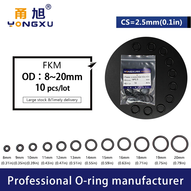 10PC/lot Black FKM Fluorine Rubber O-ring SealCS2.5mm OD8/9/10/11/12/13/14/15/16/17/18/19/20*2.5mm Gasket resistance Seal Washer