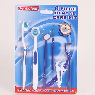 8Pcs/Set PP Dental Care Kit Tooth Brush Dental Flosser Floss Stain Tongue Picks Mirror Teeth Clean