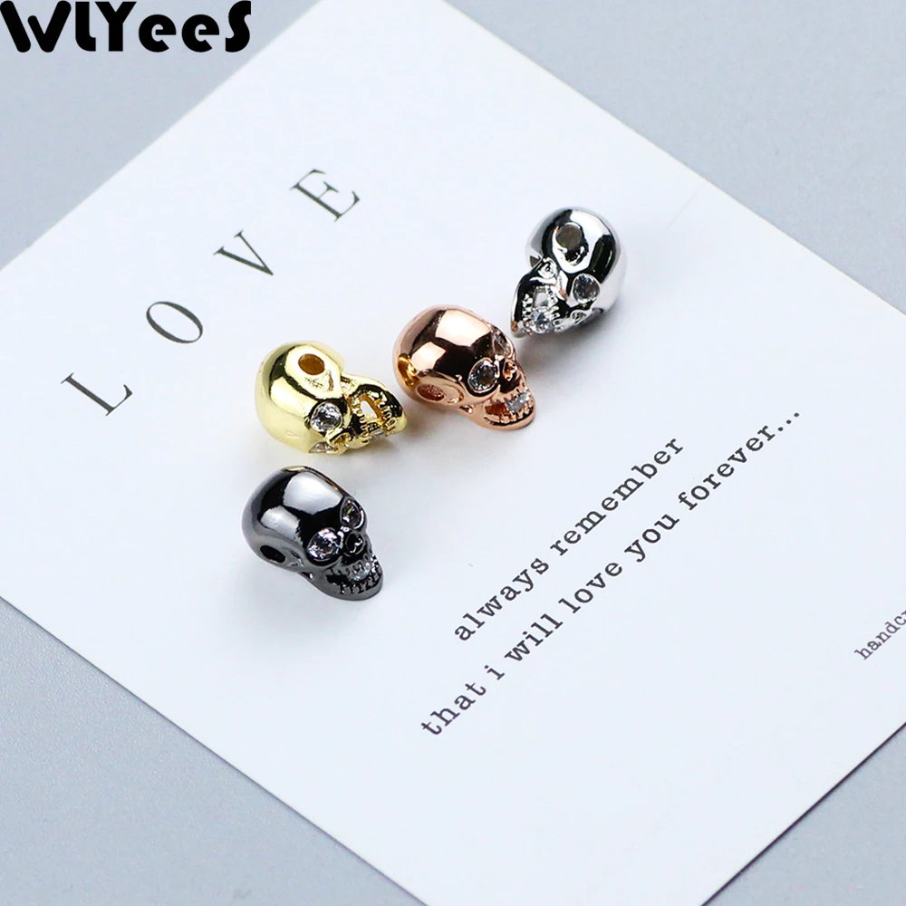 WLYeeS 4pcs white zircon Skull Charm Copper beads Inlay CZ Metal Spacer Loose beads Jewelry bracelet making Necklace DIY Finding