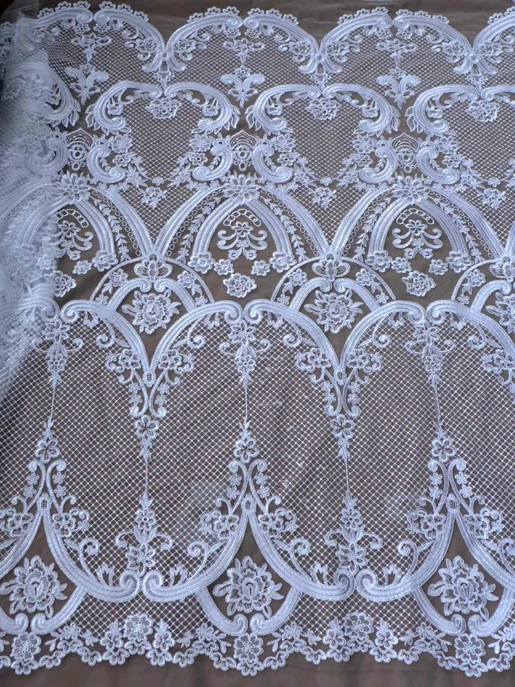 High-end Elegant Fine Workmanship Off white/Black Tulle Mesh Embroidered Wedding Lace Fabric Sewing Fabric 1yard