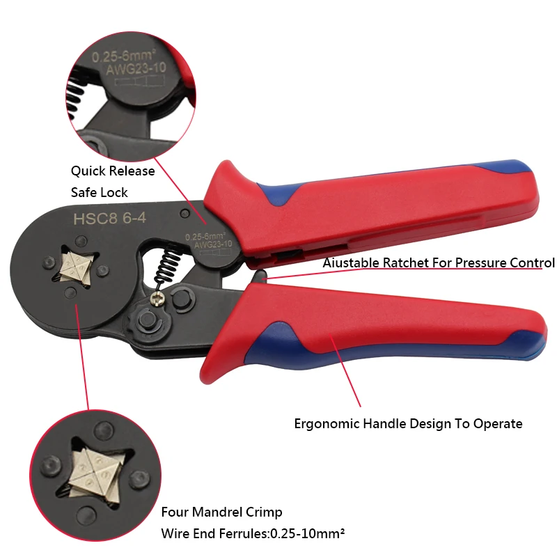 Tubular Terminal Crimping Tools Mini Electrical Pliers HSC8 6-4A/HSC8 6-4 0.25-10mm2/0.25-6mm2 23-7AWG High Precision Clamp Sets