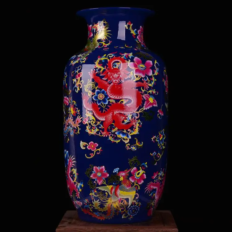 Jingdezhen ceramic vase colorful fishtail landing Blue Dragon living room furniture and ornaments sales