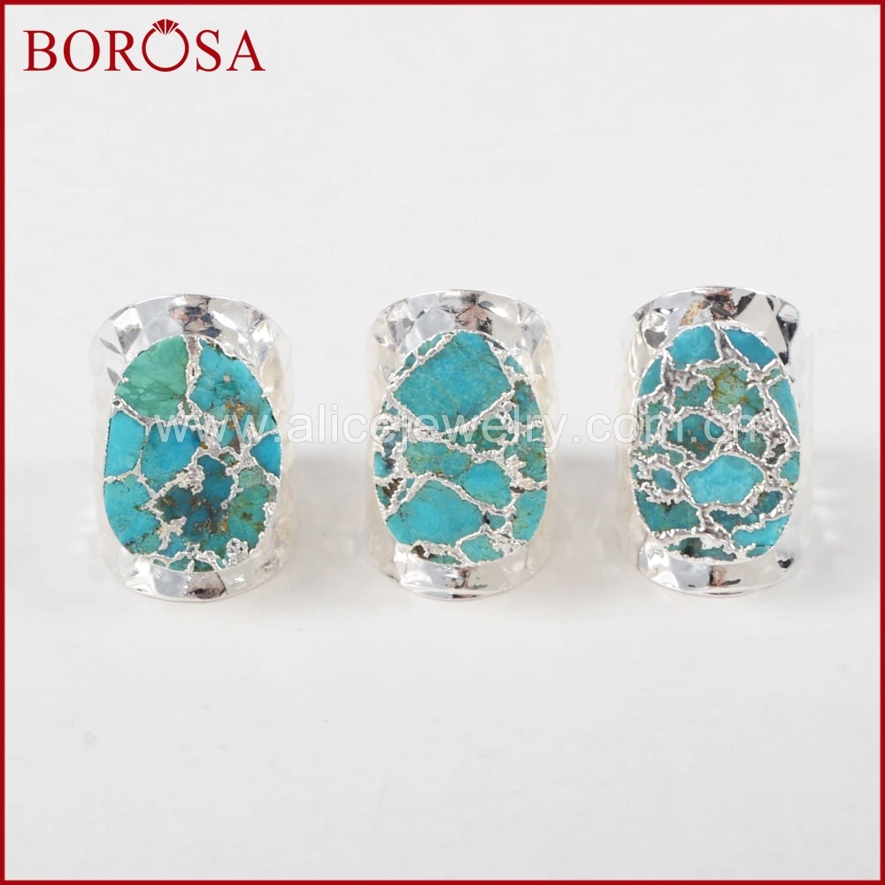 

BOROSA Silver Color 100% Natural Blue Stone Druzy Band Ring, Wholesale Drusy Bang Rings Jewelry as Gift S1284